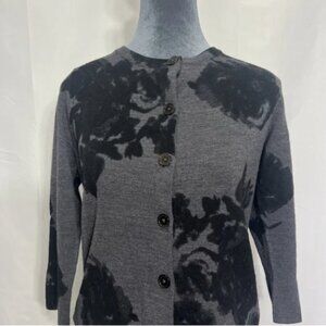 Talbots Size Mp Gray Black Floral Print Merino Wool 3/4 Sleeve Cardigan Sweater